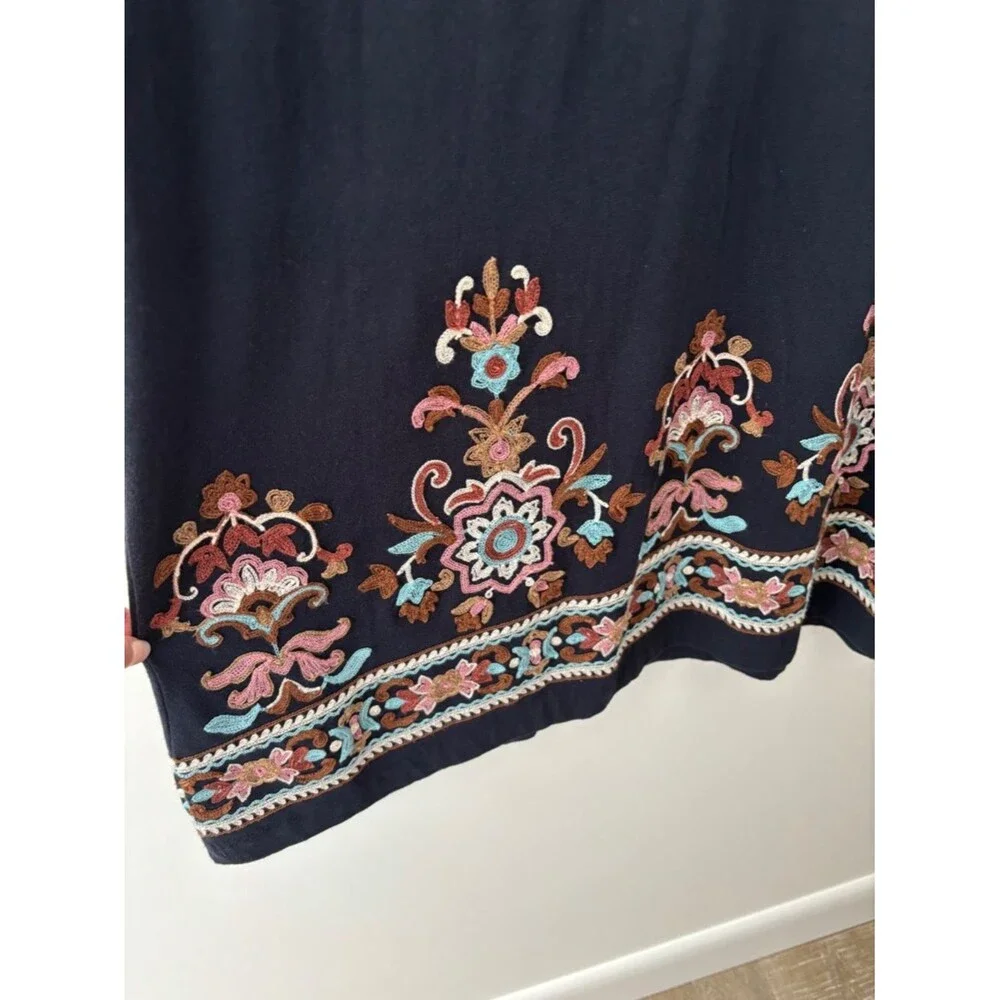 J. Jill Embroidered Floral Long Sleeve Shift Dress L Navy Blue Boho Chic Coastal